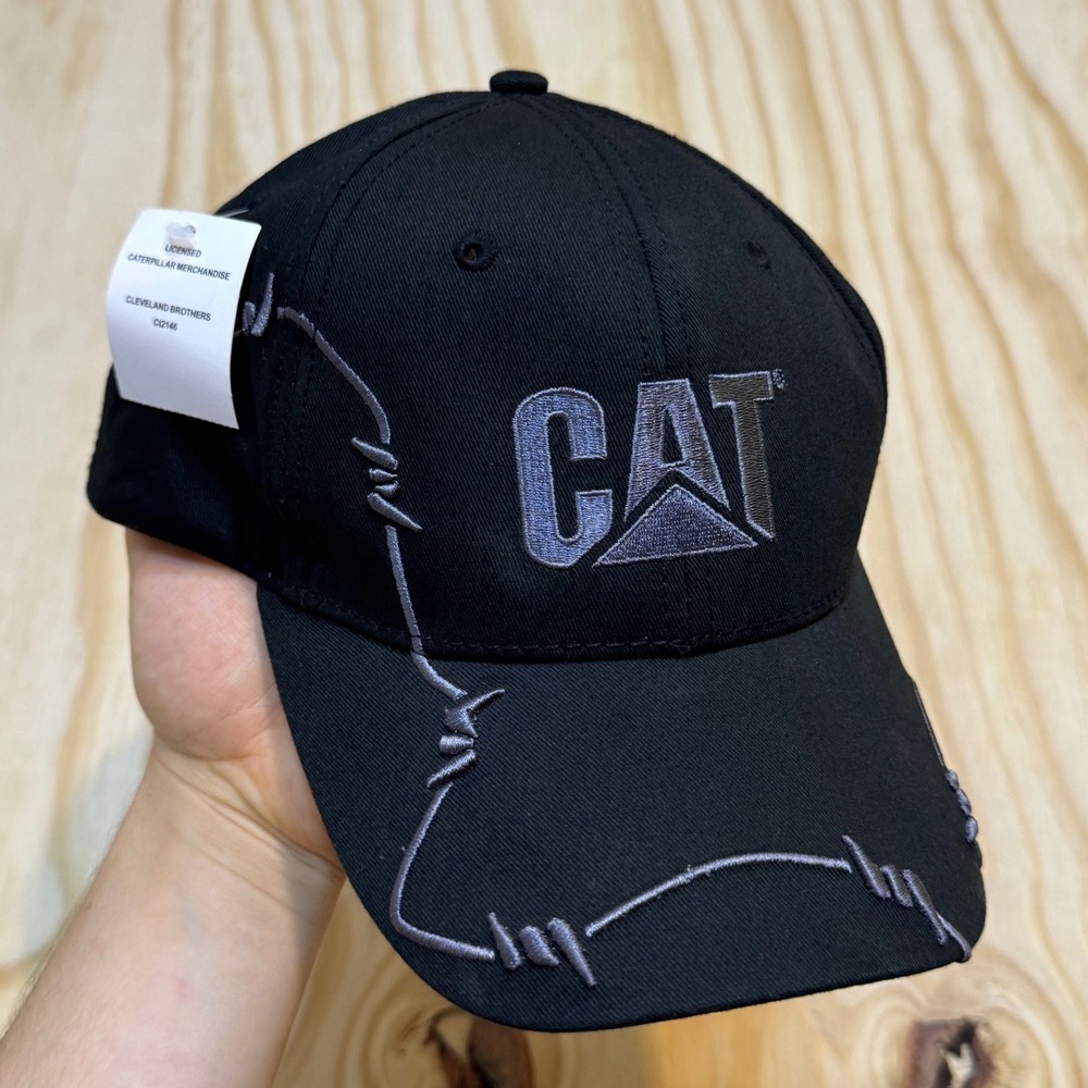 CAT Caterpillar Barbed Wire Embroidered Black Hat Adjustable Strap NWT